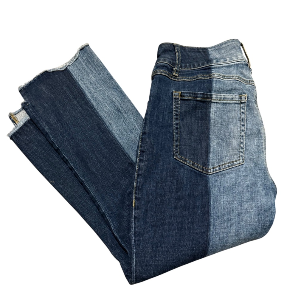 CAbi Hi- low crop two tone colorblock Dark Light Blue Denim Jeans Sz 8 quirky
